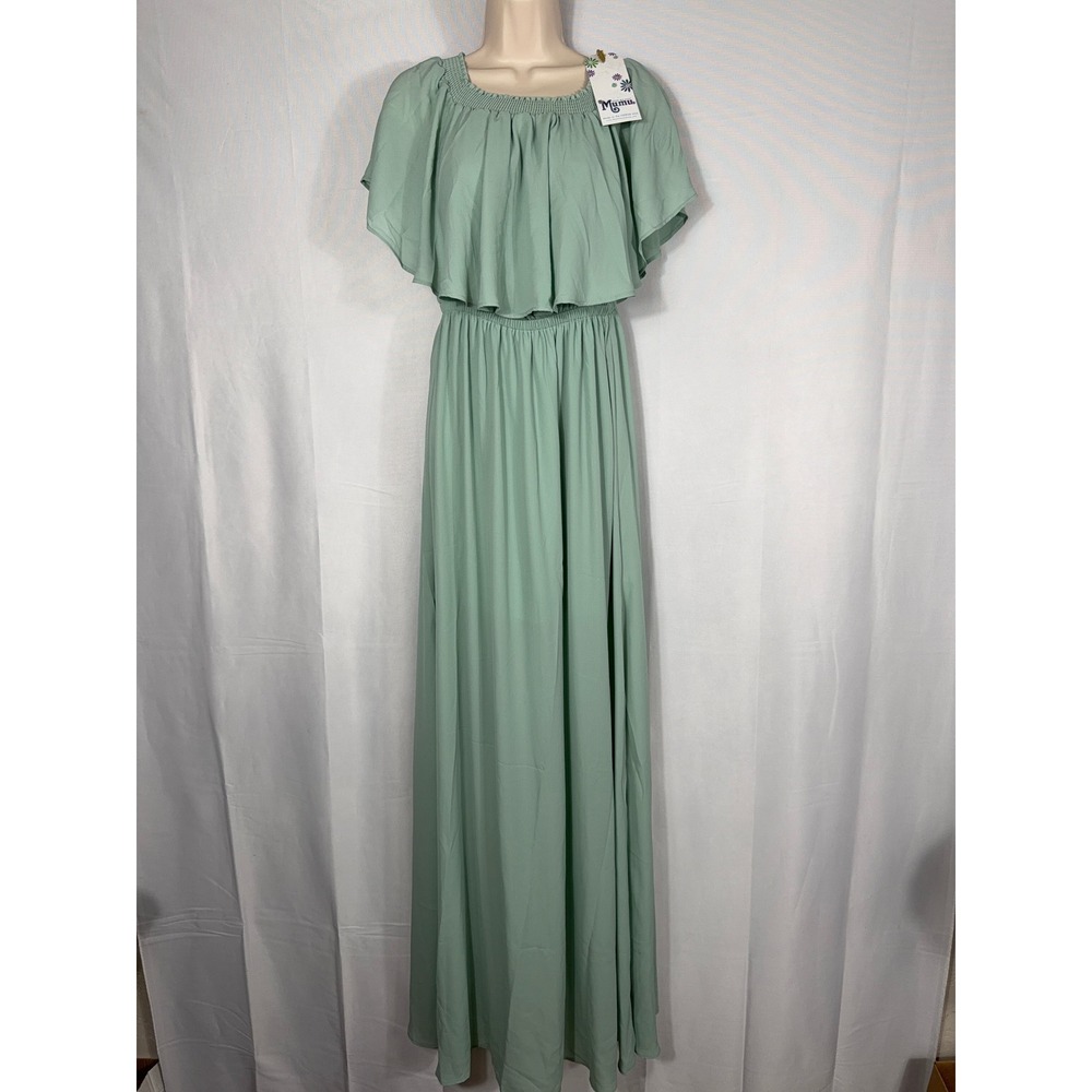 Show Me Your Mumu Dress Hacienda Maxi Ruffle Off Shoulder Sage Green Women Large